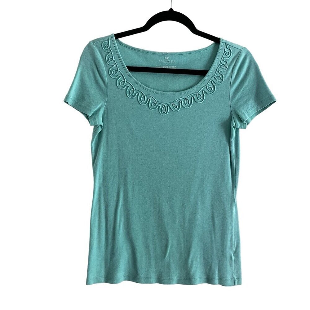 Talbots Women SZ S Light Teal Green Shirt Sleeve Ric Rac Trim Neckline T-Shirt